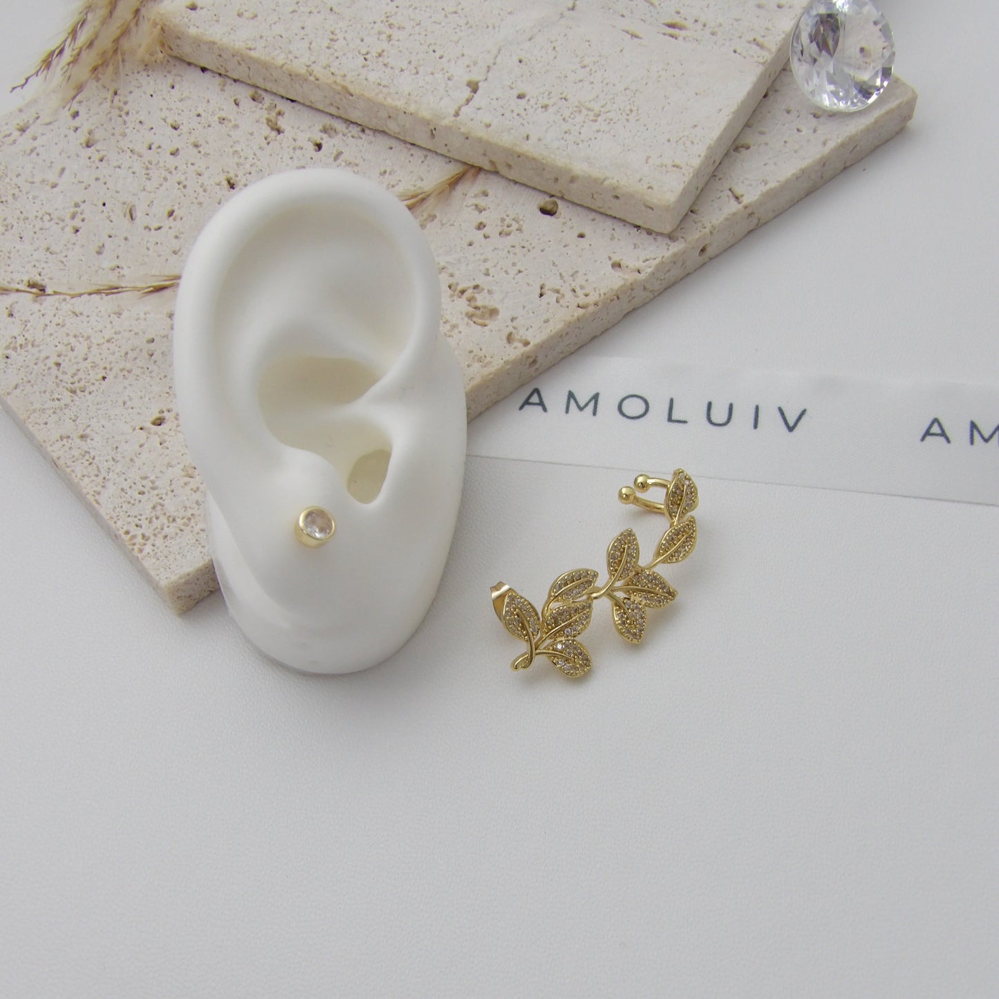 LEAVES EARRING SET EAR CUFF GOLD