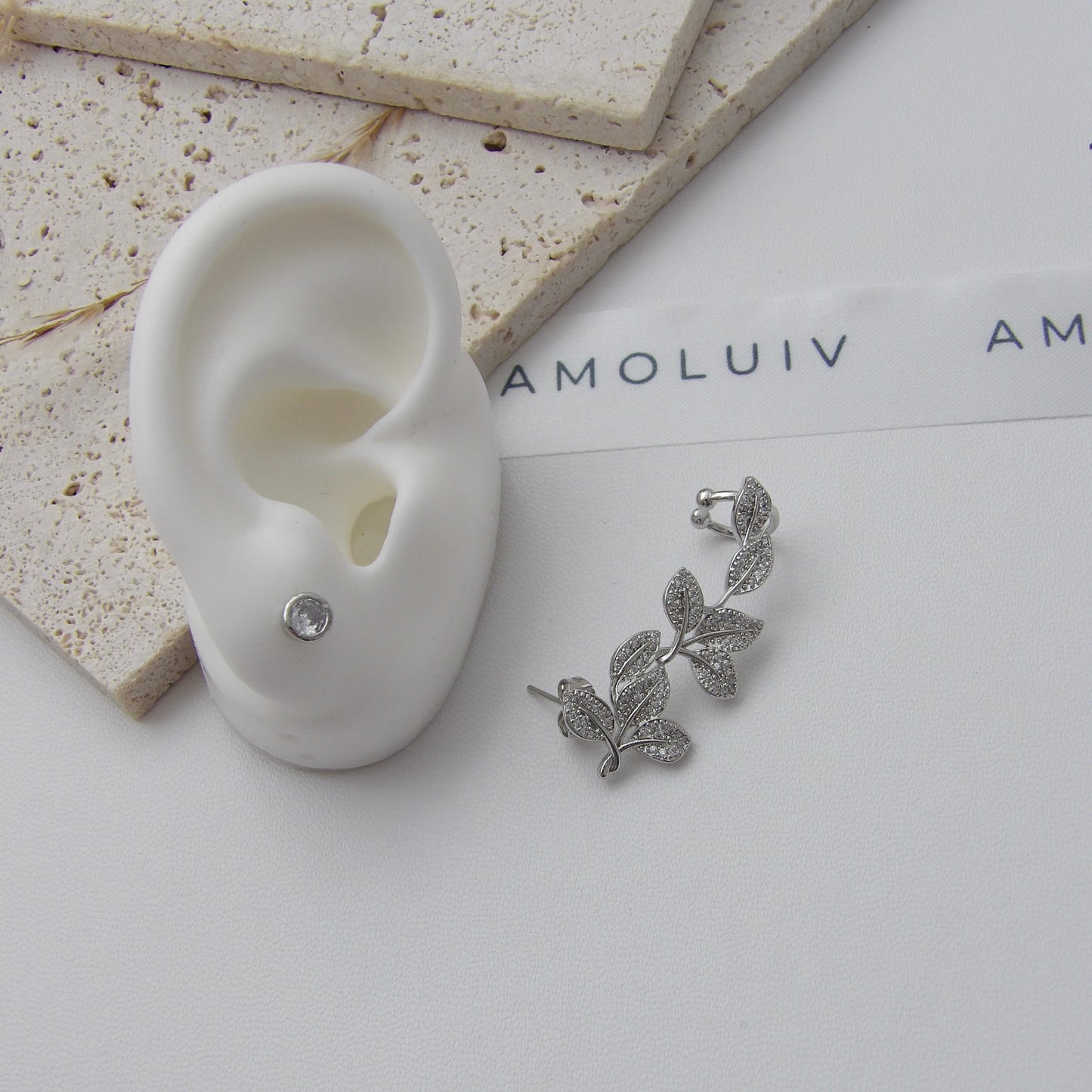 LEAVES EARRING SET EAR CUFF SILVER