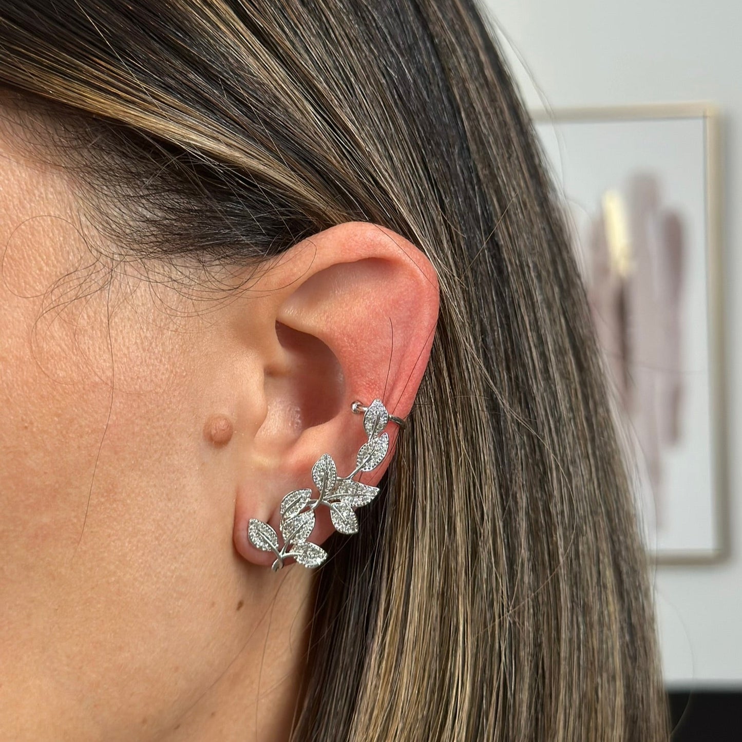 LEAVES EARRING SET EAR CUFF SILVER