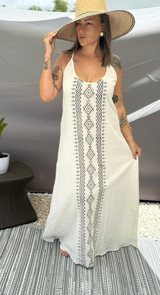vestido bohemio hecho a mano, vestido talla única algodón, vestido artesanal India, vestido estilo boho chic, vestidos ligeros para verano, vestido exclusivo mujer, moda bohemia elegante
